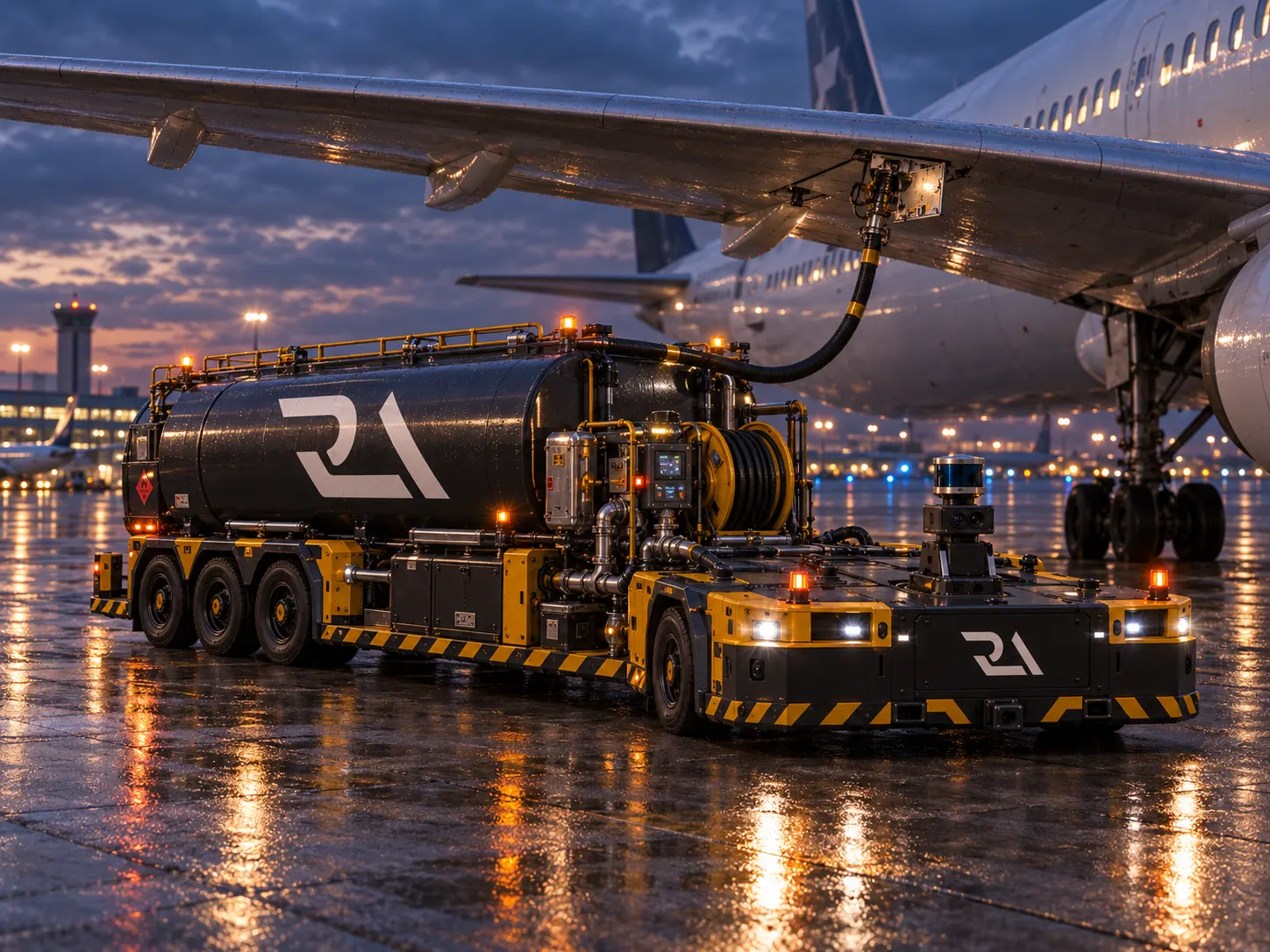 A Runway Autonomous fuel truck refuelling an aircraft at the wing at dusk