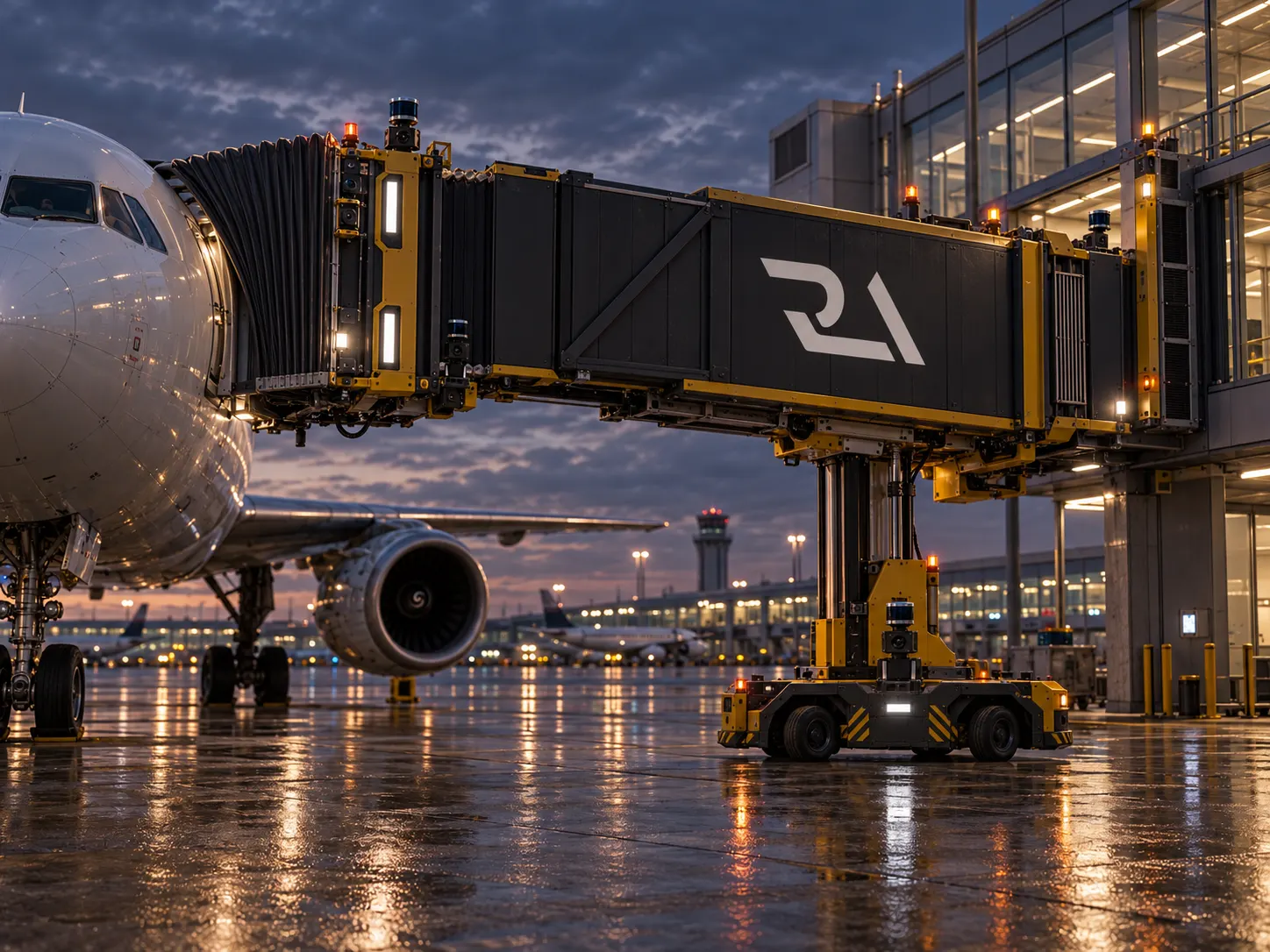 A Runway Autonomous jet bridge with a sensor-equipped drive unit docked to the forward door of an aircraft
