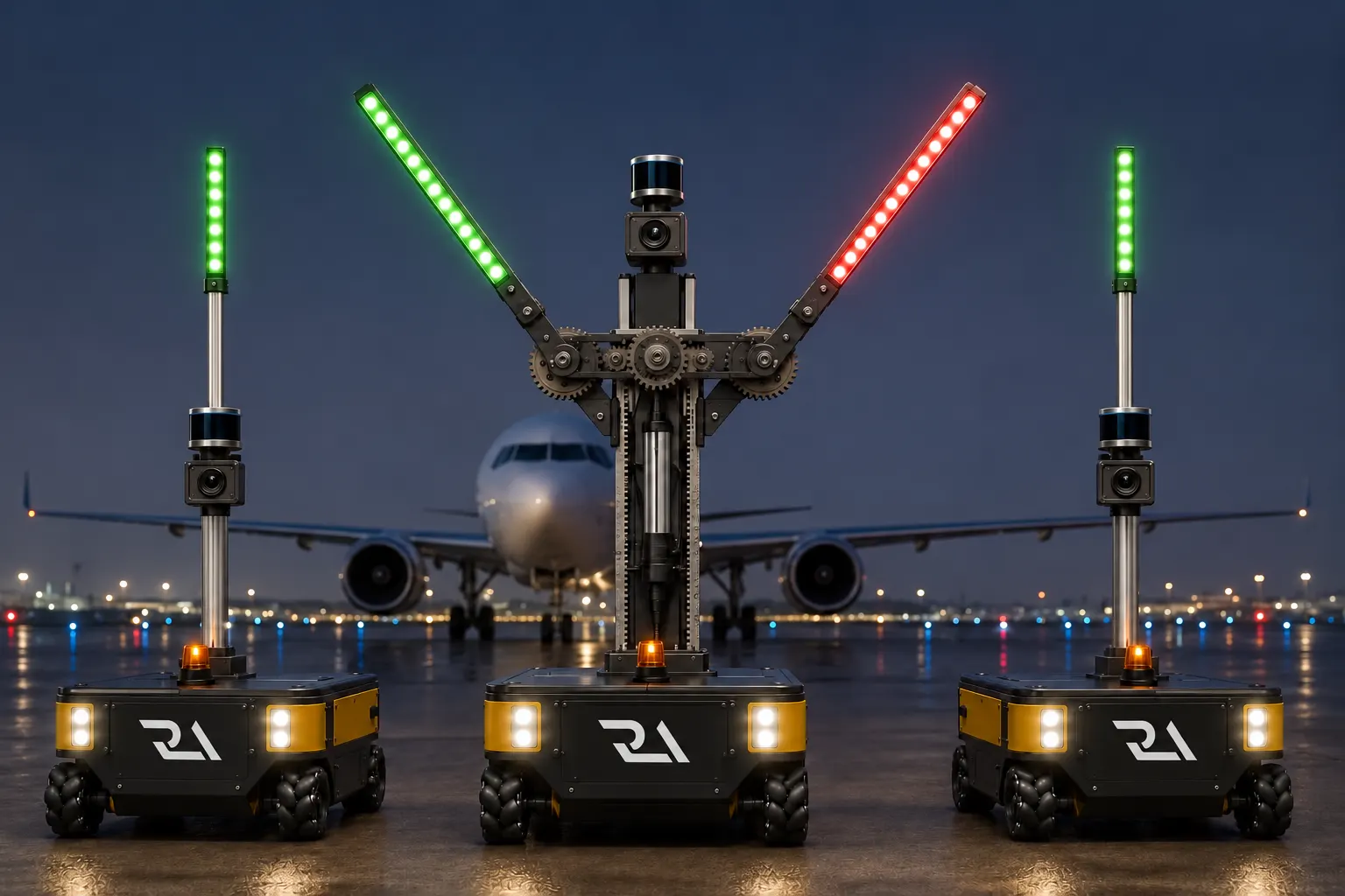 Three Runway Autonomous marshalling robots with lit green and red wands, an aircraft taxiing in behind them at night